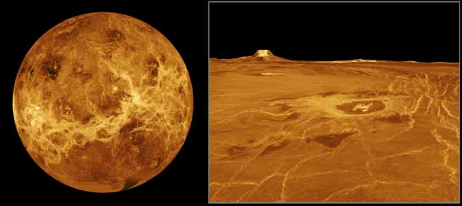 Mapas de radar del planeta Venus (izquierda) y detalles volcánicos en su superficie. Ambas imágenes fueron obtenidas por rádar.