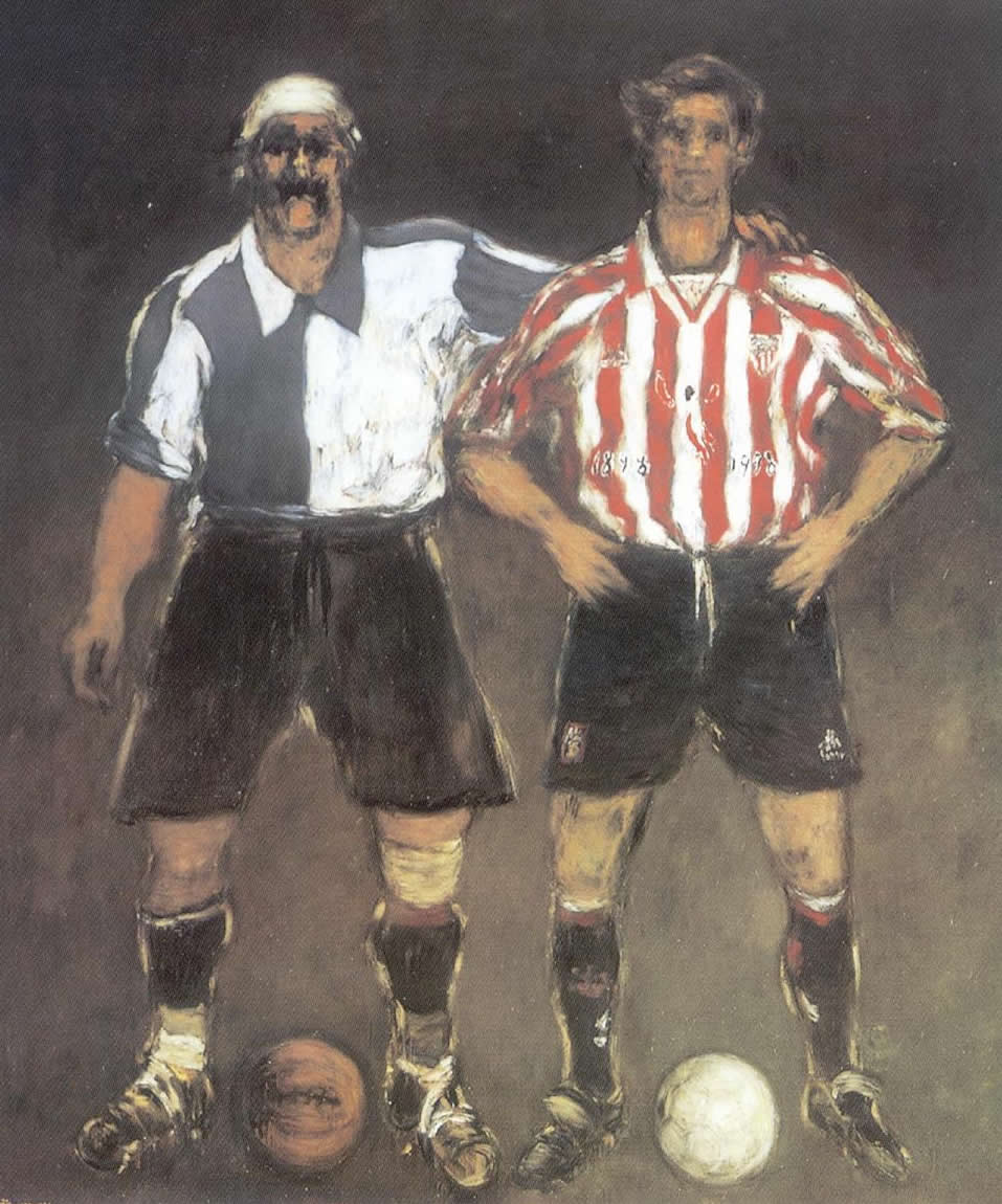 El pintor Iñaki García Ergüin creó, en 1998, este cuadro, el del Centenario, en el que podemos ver los dos uniformes que ha lucido el Athletic a lo largo de su historia. La imagen está tomada de la web zurigorri100x100athletic.blogspot.com.